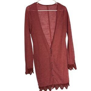Free People Cardigan Crochet Lace Trim Long Sleeve Button Front Knit Size S Boho